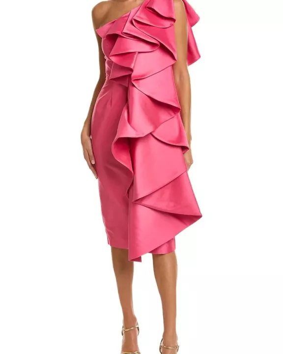 Badgley Mischka ruffled One-shoulder zipper closure stretch mikado dress