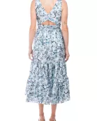 Badgley Mischka bateau neck sleeveless cutout back ruffled hem A-line floral print jacquard dress