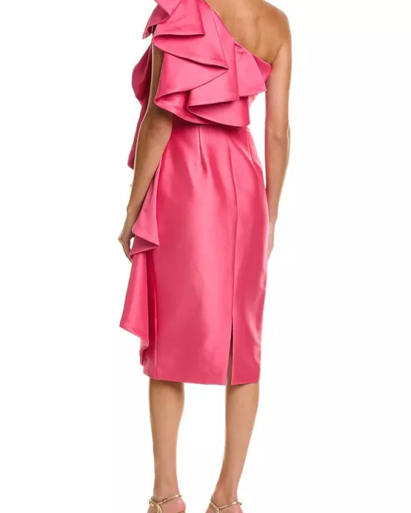 Badgley Mischka ruffled One-shoulder zipper closure stretch mikado dress