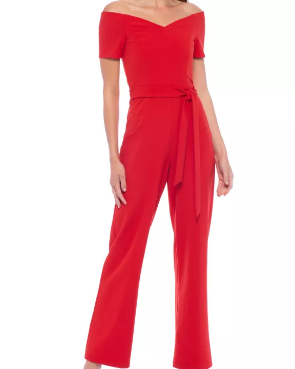 Marina Off-shoulder short sleeve zipper back tie waist solid stretch crepe jumpsuit