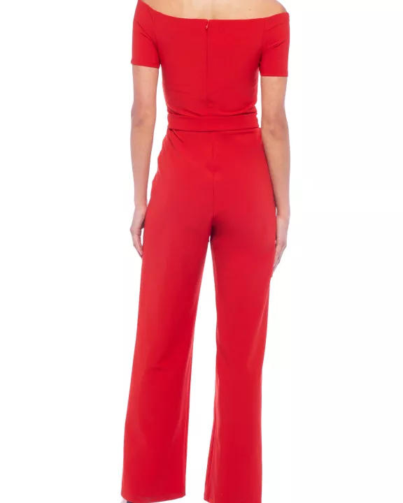 Marina Off-shoulder short sleeve zipper back tie waist solid stretch crepe jumpsuit