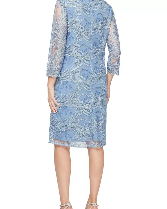 Alex Evenings boat neck 3/4 sleeve matte jersey dress with stretch mesh floral embroidered jacket