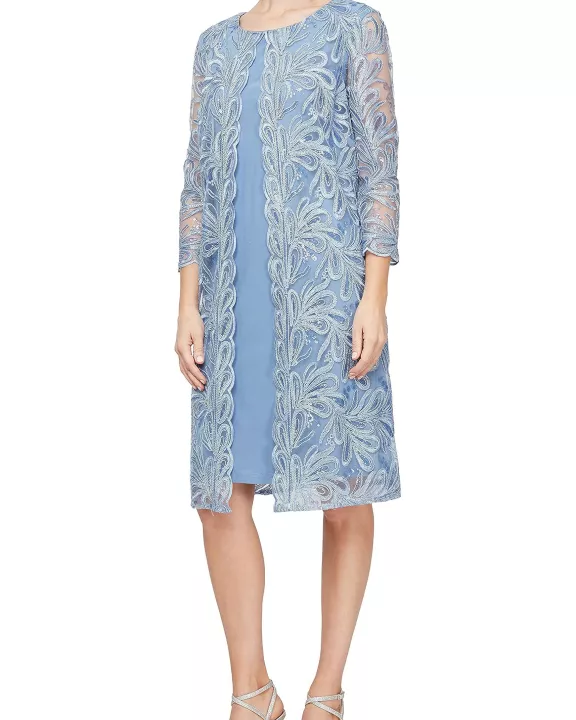 Alex Evenings boat neck 3/4 sleeve matte jersey dress with stretch mesh floral embroidered jacket