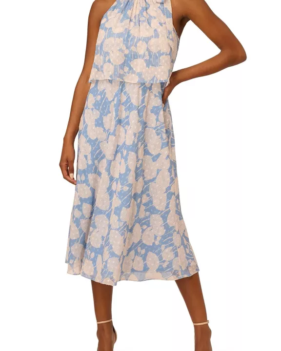 Adrianna Papell Halter Mock Neck Blouson Floral Print Chiffon Dress