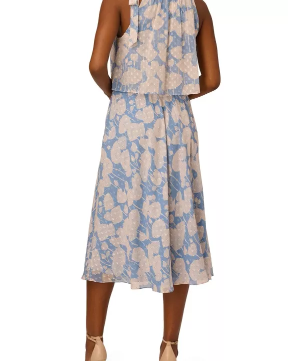 Adrianna Papell Halter Mock Neck Blouson Floral Print Chiffon Dress