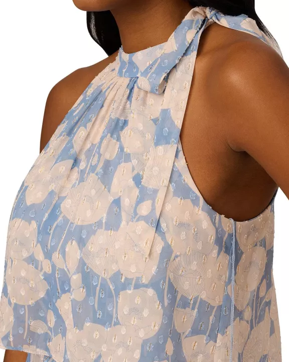 Adrianna Papell Halter Mock Neck Blouson Floral Print Chiffon Dress