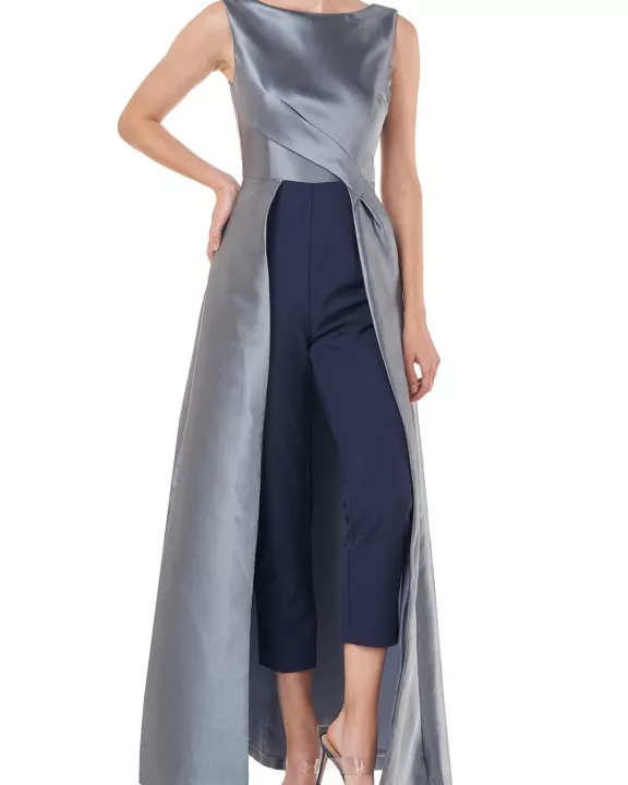 Kay Unger Boat Neck Sleeveless Pleated Zipper Back Walk-Through Twill Jumpsuit, Stretch Crepe Ankle Length Pant with Pockets