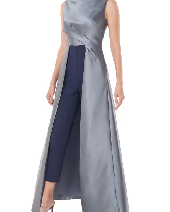 Kay Unger Boat Neck Sleeveless Pleated Zipper Back Walk-Through Twill Jumpsuit, Stretch Crepe Ankle Length Pant with Pockets