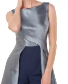 Kay Unger Boat Neck Sleeveless Pleated Zipper Back Walk-Through Twill Jumpsuit, Stretch Crepe Ankle Length Pant with Pockets