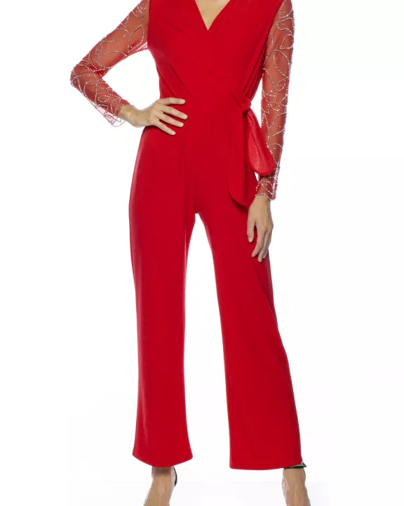 Marina V-Neck Embellished Long Sleeve Elastic Tie Waist Keyhole Back Solid Stretch Crepe Jumpsuit