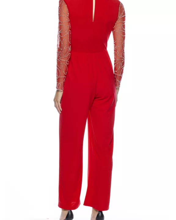 Marina V-Neck Embellished Long Sleeve Elastic Tie Waist Keyhole Back Solid Stretch Crepe Jumpsuit