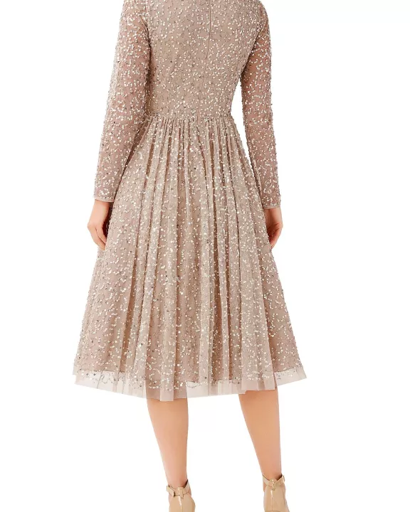 Aidan Mattox V Neck Long Sleeve Back Zipper Midi Beaded Dress