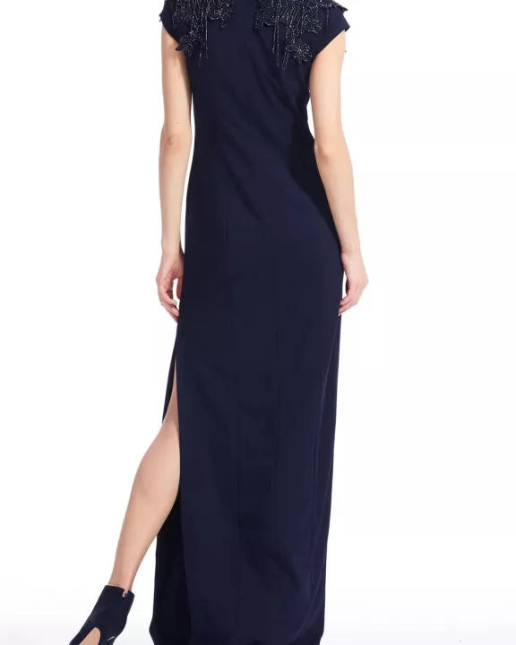Emily Shalant Crew Neck Short Beaded Fringed Sleeves Back Zipper Side Open Slit Gown