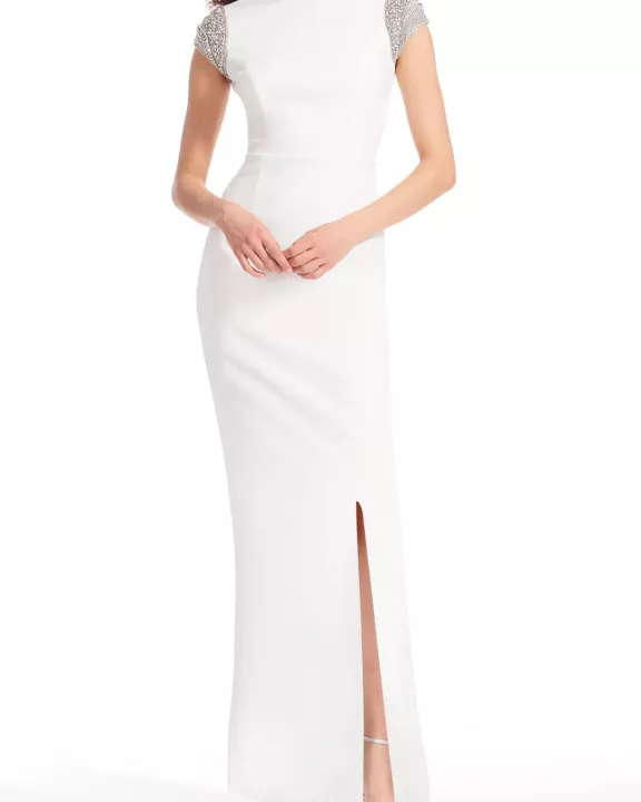 Emily Shalant Crew Neck Short Crystal Cap Sleeves Back Zipper Long Dress