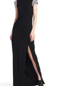 Emily Shalant Crew Neck Short Crystal Cap Sleeves Back Zipper Long Dress