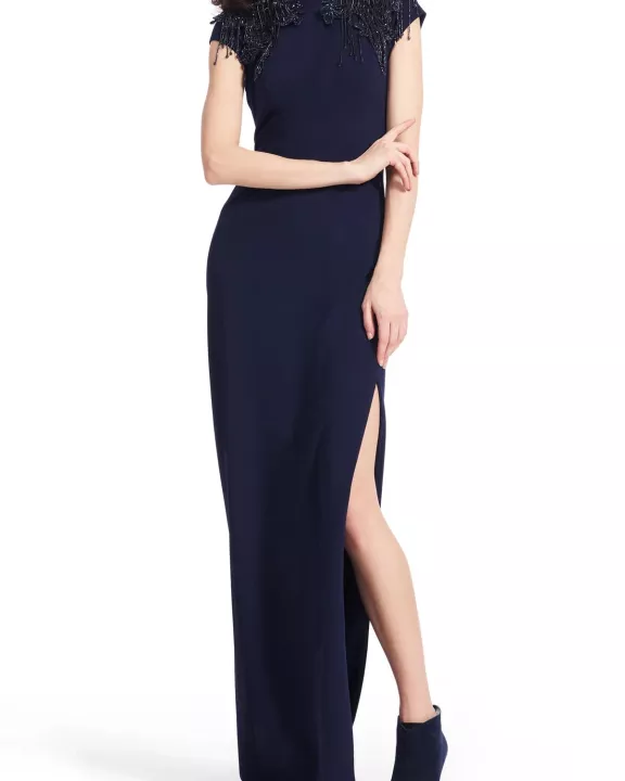 Emily Shalant Crew Neck Short Beaded Fringed Sleeves Back Zipper Side Open Slit Gown