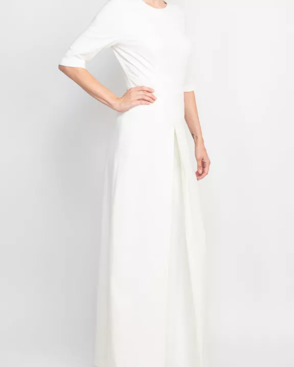 Kay Unger jewel neck elbow sleeve pleated front fitted bodice wide legs zipper back scuba crepe jumpsuit