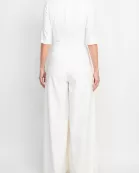 Kay Unger jewel neck elbow sleeve pleated front fitted bodice wide legs zipper back scuba crepe jumpsuit