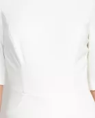 Kay Unger jewel neck elbow sleeve pleated front fitted bodice wide legs zipper back scuba crepe jumpsuit