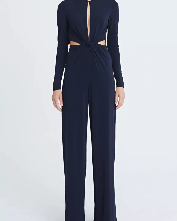 Halston Crew Neck Long Sleeve Keyhole Crossed Front Waist Cutout Solid Jersey Jumpsuit
