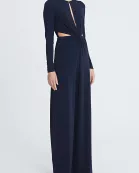 Halston Crew Neck Long Sleeve Keyhole Crossed Front Waist Cutout Solid Jersey Jumpsuit