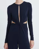 Halston Crew Neck Long Sleeve Keyhole Crossed Front Waist Cutout Solid Jersey Jumpsuit