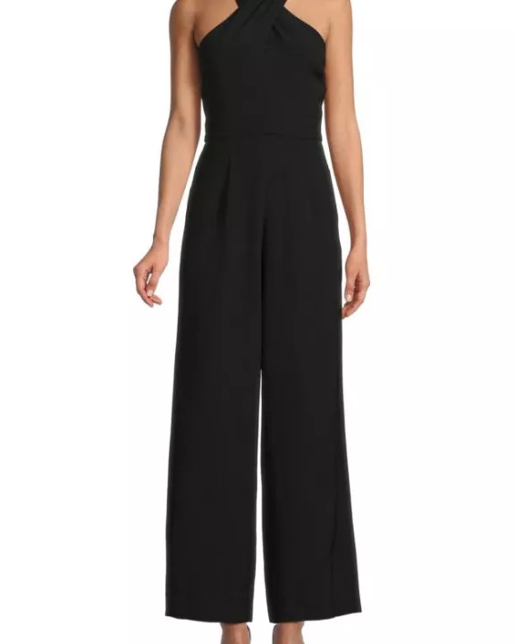 Julia Jordan Stretch Criss Cross Halter Neckline Sleeveless Crepe Jumpsuit With Pockets