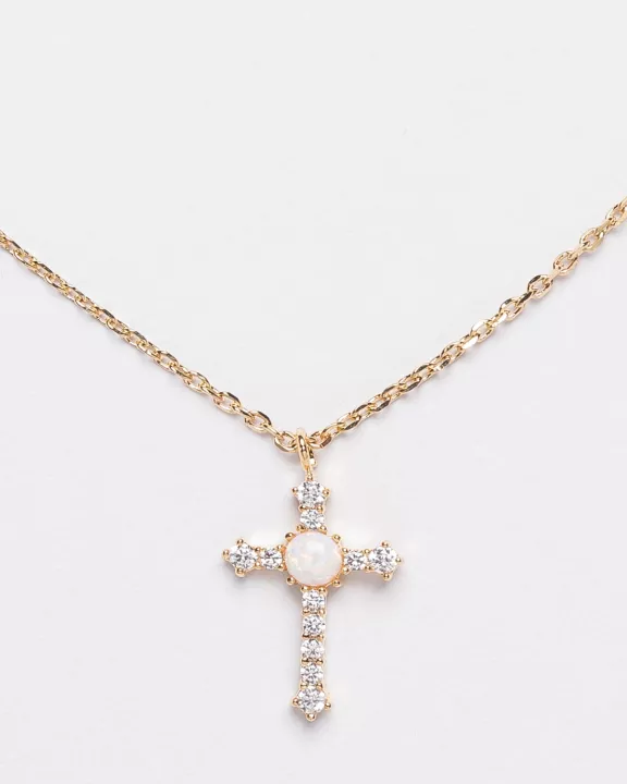 Gold Cross Necklace with Opal and Crystals