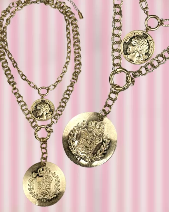 Double coin charm gold chain pendant necklace