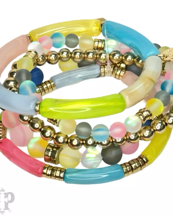 Multi-color round and bamboo bead bracelet set