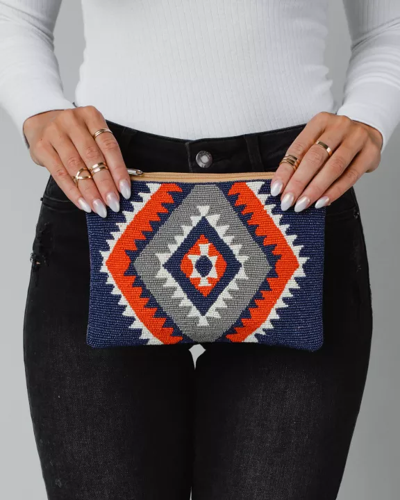 Blue, Orange & Cream Aztec Wristlet
