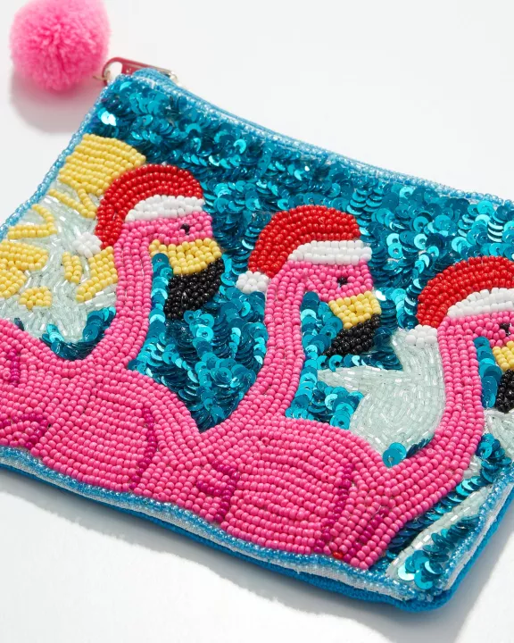 Flamingo Santa Seed Bead Canvas Pouch