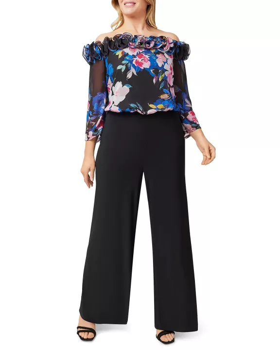Adrianna Papell Off Shoulder Ruffled Neck 3/4 Sleeve Floral Print Bodice Zipper Back with Stretch Jersey Pants (Plus Size)