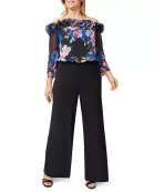 Adrianna Papell Off Shoulder Ruffled Neck 3/4 Sleeve Floral Print Bodice Zipper Back with Stretch Jersey Pants (Plus Size)