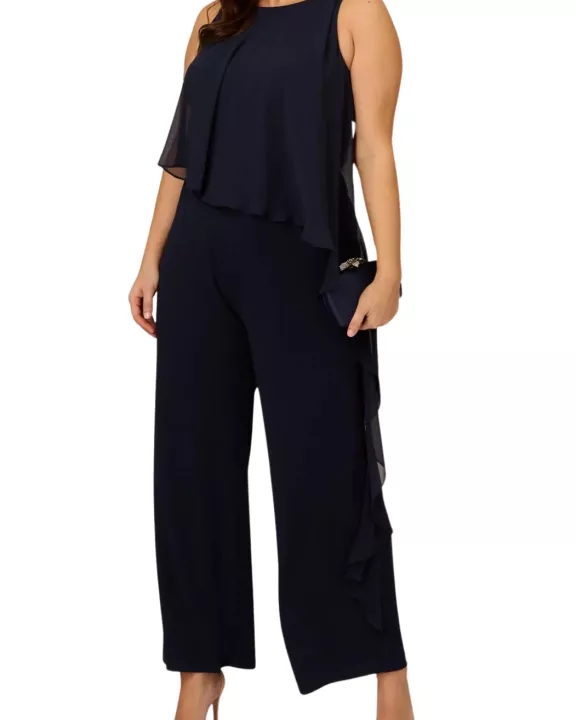 Adrianna Papell Chiffon Crepe Wide Leg Boat Neck Jumpsuit (Plus Size)