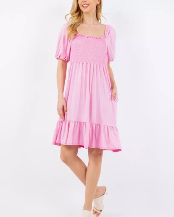 PLUS SMOCKED DRESS WITH PUFF SLEEVES -PACK OF 6- CD43828-PL