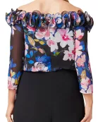 Adrianna Papell Off Shoulder Ruffled Neck 3/4 Sleeve Floral Print Bodice Zipper Back with Stretch Jersey Pants (Plus Size)