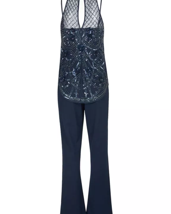 Aidan Mattox Halter Neck Illusion Embellished Popover Keyhole Back Mesh Stretch Crepe Jumpsuit