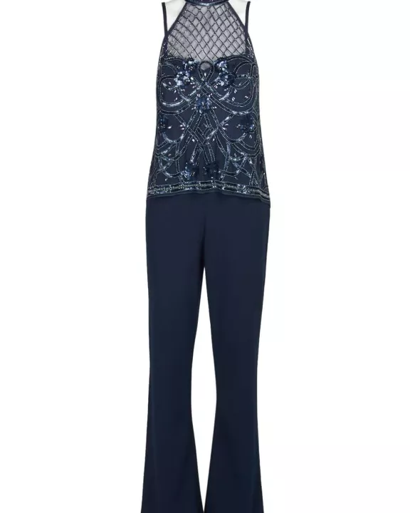 Aidan Mattox Halter Neck Illusion Embellished Popover Keyhole Back Mesh Stretch Crepe Jumpsuit