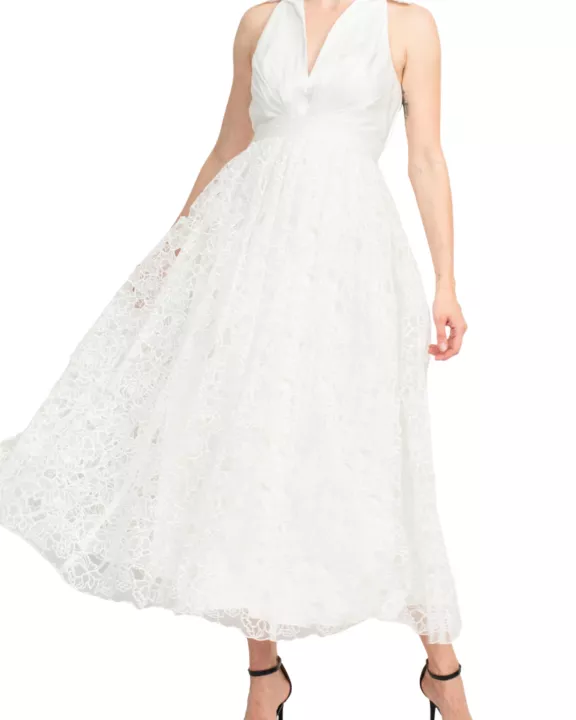 Badgley Mischka Crepon-paneled Guipure Lace Midi Shirt Dress - Wholesale