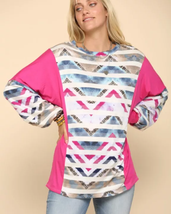 GEOMETRIC PRINT WITH STRIPES PRINT VERTICAL CONTRAST TOP -PACK OF 6- CT43740C