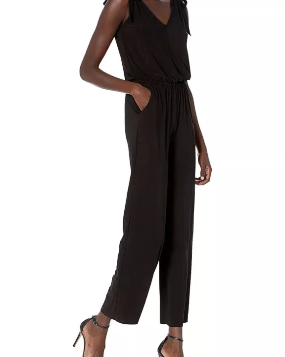 Laundry V-Neck Tie Shoulder Blouson Elastic Waist Solid Jumpsuit
