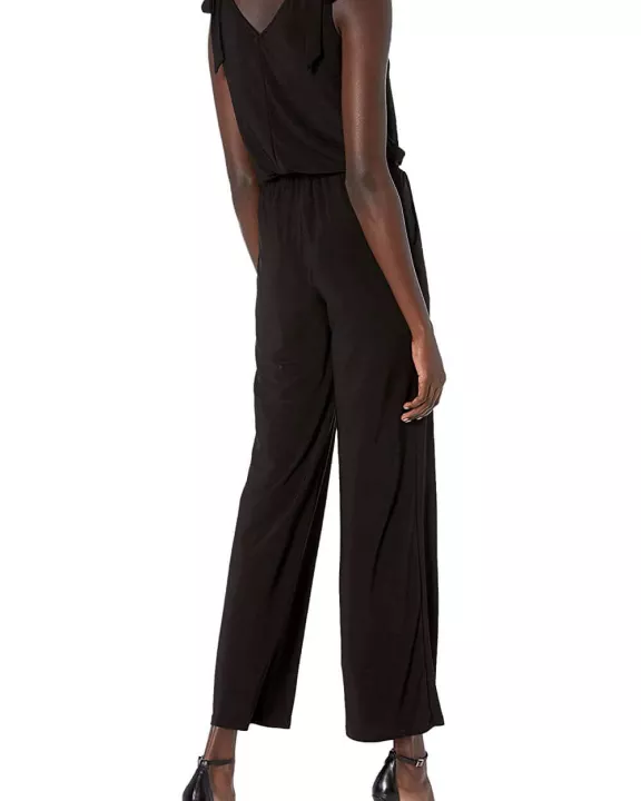 Laundry V-Neck Tie Shoulder Blouson Elastic Waist Solid Jumpsuit