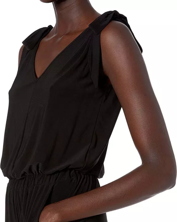 Laundry V-Neck Tie Shoulder Blouson Elastic Waist Solid Jumpsuit