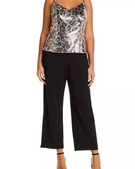 Adrianna Papell V-Neck Spaghetti Strap Popover Zipper Back Mesh Crepe Jumpsuit