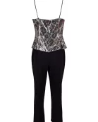 Adrianna Papell V-Neck Spaghetti Strap Popover Zipper Back Mesh Crepe Jumpsuit