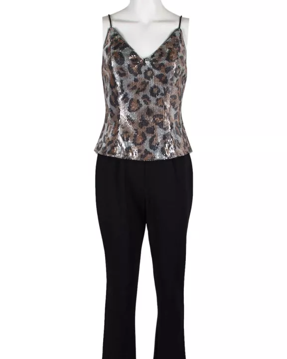 Adrianna Papell V-Neck Spaghetti Strap Popover Zipper Back Mesh Crepe Jumpsuit