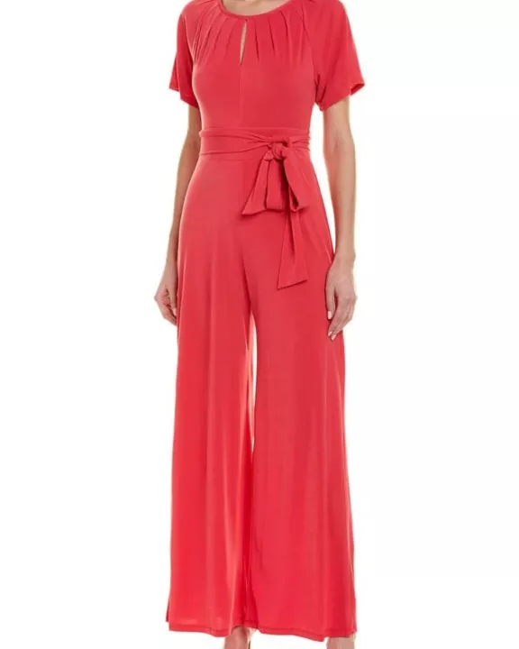 Taylor Scoop Neck Short Sleeve Keyhole Front Tie Waist Solid Jersey Jumpsuit