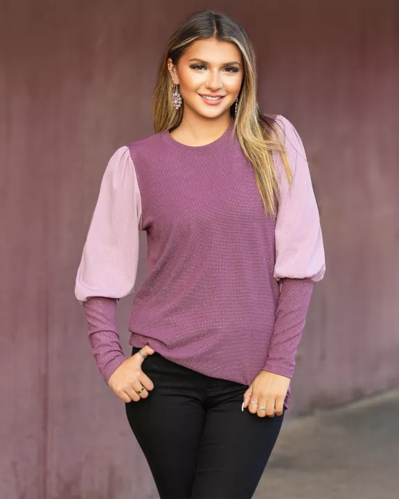 40071 - Sparkle Color Block Puffed Long Sleeve Top