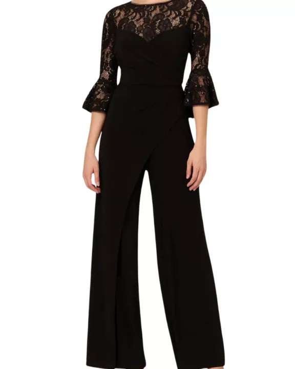 Adrianna Papell Jersey Lace Crew Neck Elbow Sleeve Ruffle Cuff Straight Leg Jumpsuit